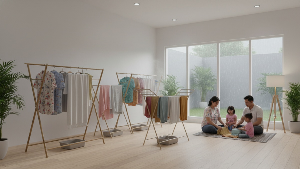 Ilustrasi jemuran pakaian di dalam rumah dengan ventilasi terbuka agar cepat kering dan bebas bau.