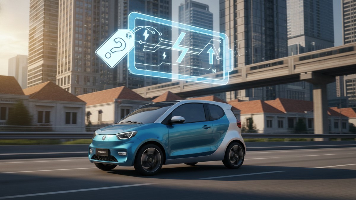 Mobil listrik mungil di jalan kota dengan ilustrasi baterai EV besar, menggambarkan diskusi soal harga baterai kendaraan listrik.