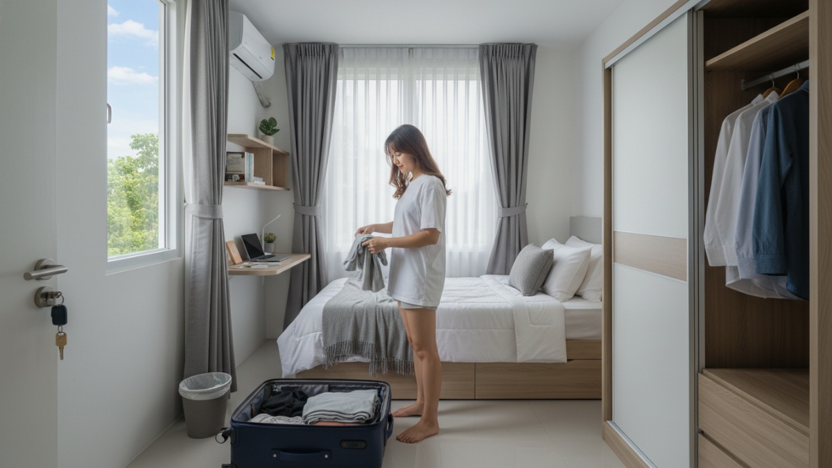 Anak kos merapikan kamar sebelum pulang liburan agar kamar tetap bersih dan bebas bau saat kembali.