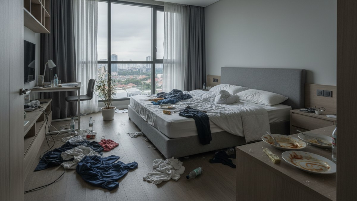 Contoh kesalahan anak kos meninggalkan sampah dan pakaian kotor di kamar.