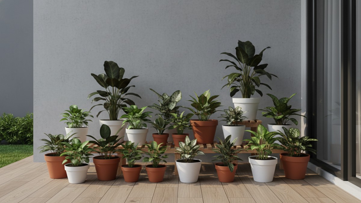 Pot tanaman kecil tersusun rapi dengan warna seragam pada teras rumah sederhana.