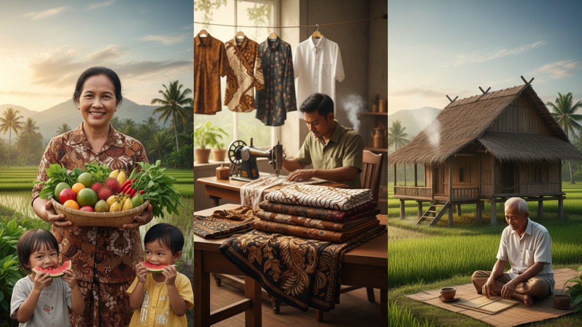Ilustrasi kebutuhan dasar hidup seperti makanan, pakaian, dan tempat tinggal.
