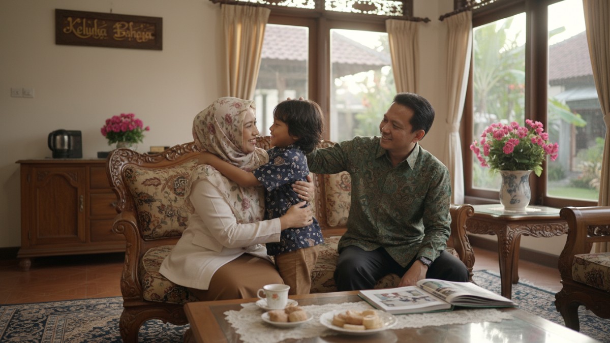 Ilustrasi anak mengucapkan terima kasih kepada orang tua di rumah, menggambarkan budaya syukur dalam keluarga.