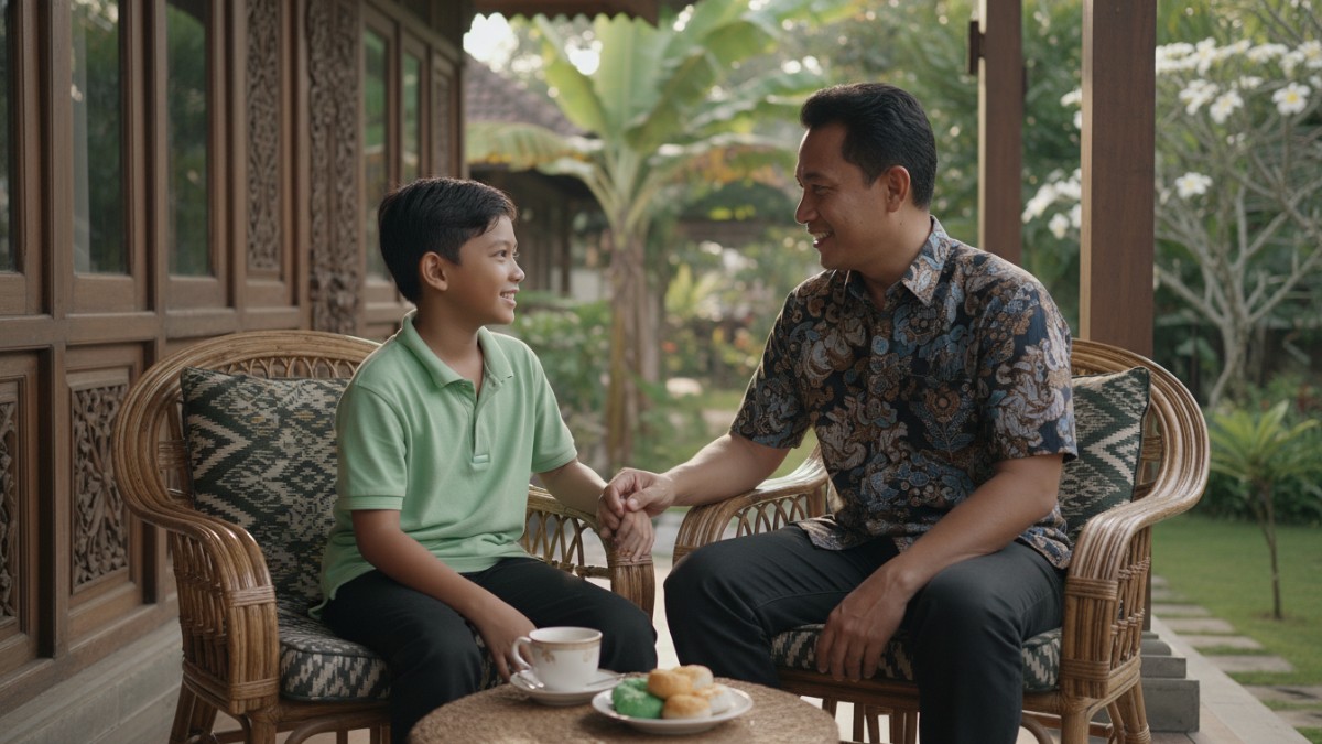 Anak dan orang tua berbincang hangat menunjukkan kedekatan emosional keluarga.