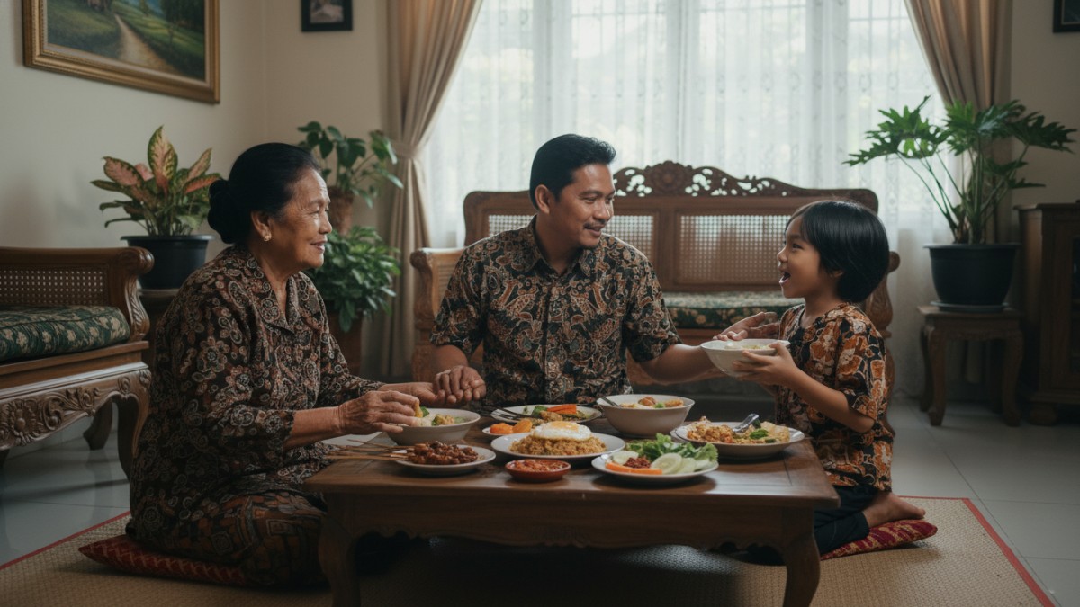 Orang tua dan anak makan bersama sambil saling mengucapkan terima kasih.
