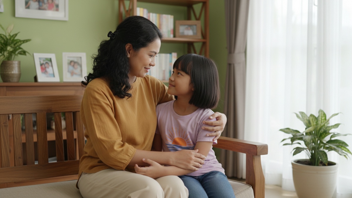 Ilustrasi komunikasi hangat antara orang tua dan anak sebagai benteng perlindungan dari child grooming.