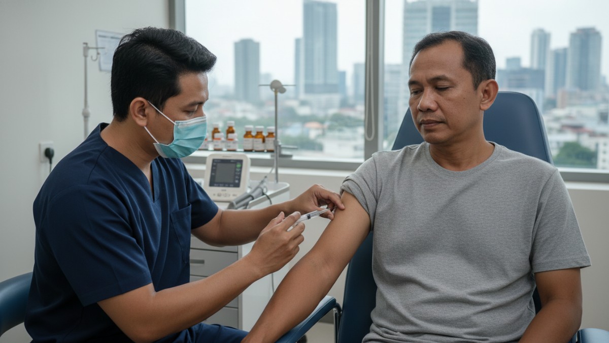 Tenaga medis memberikan suntikan obat melalui otot sebagai contoh prosedur intramuskular.