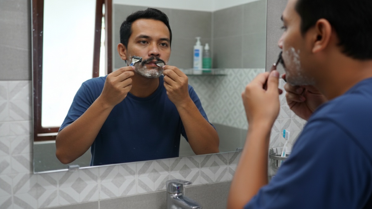 Ilustrasi merapikan kumis dan bulu tubuh sebagai bagian dari kebersihan dalam ajaran Islam.