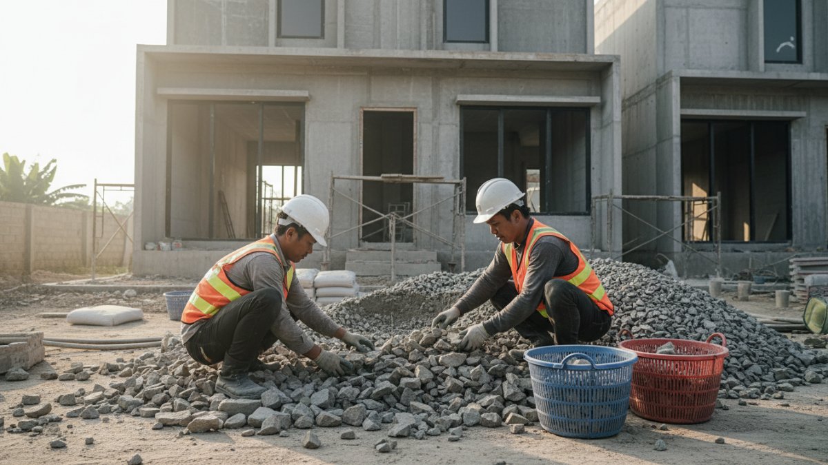 Proses pemilahan batu bangunan di proyek konstruksi rumah. 