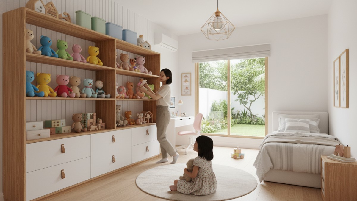 Lemari boneka anak minimalis dengan rak terbuka membuat kamar terlihat rapi dan penuh warna. 