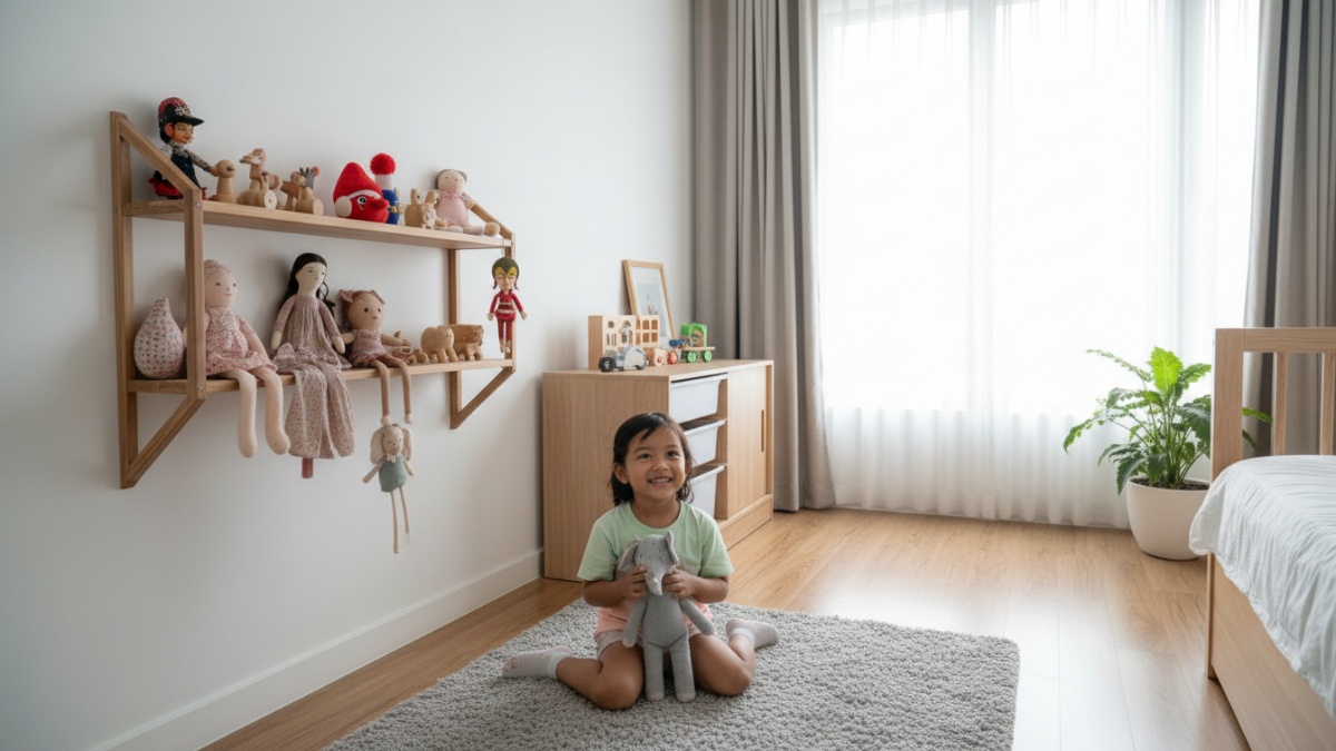 Rak boneka anak sebagai bagian desain kamar modern yang mendukung ruang bermain rapi. 