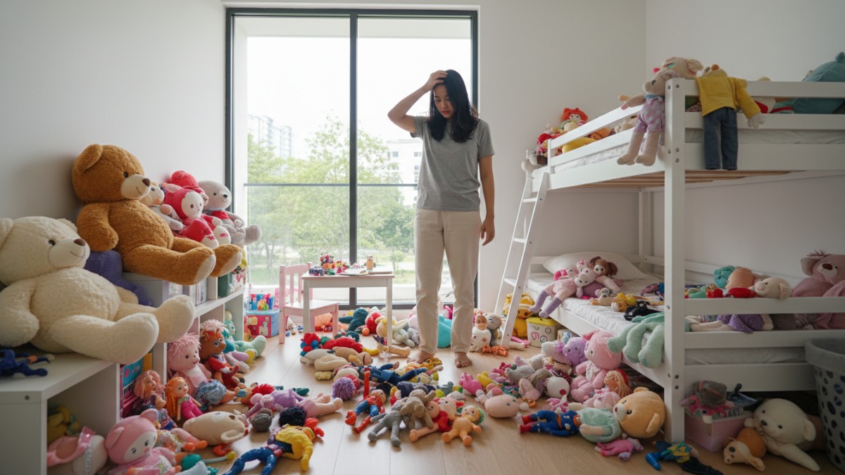 Contoh kesalahan penyimpanan boneka anak yang membuat kamar terlihat penuh. 