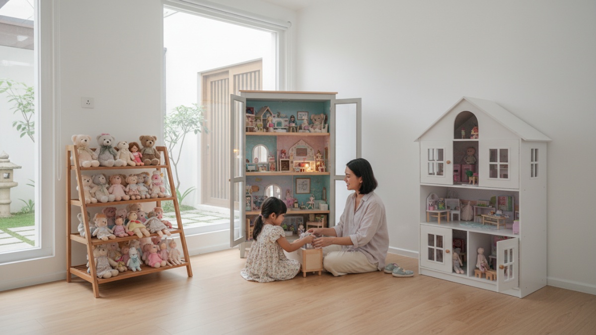 Inspirasi berbagai model lemari boneka anak dari rak terbuka hingga desain rumah mini. 