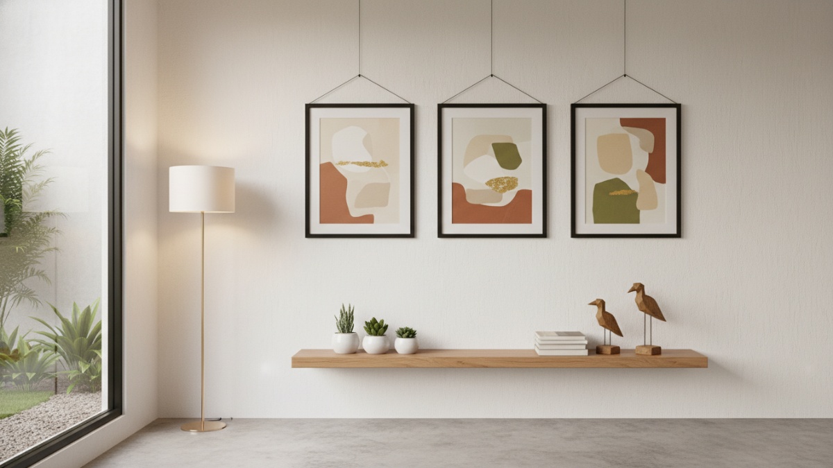 Dinding rumah minimalis dengan dekorasi rapi tanpa banyak paku, inspirasi penataan interior modern yang bersih. 