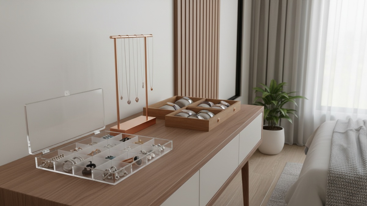 Tempat aksesoris di kamar dengan kotak bersekat dan stand gantungan perhiasan yang tersusun rapi. 