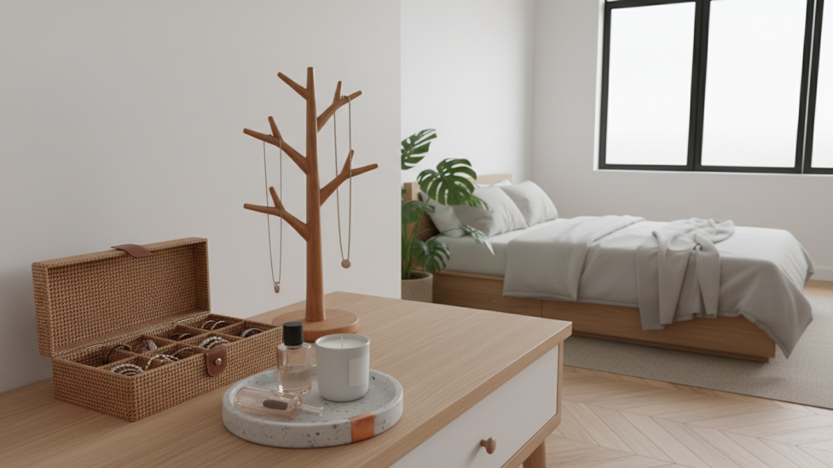 Berbagai model tempat aksesoris kamar seperti kotak bersekat, stand gantungan, dan tray dekoratif. 