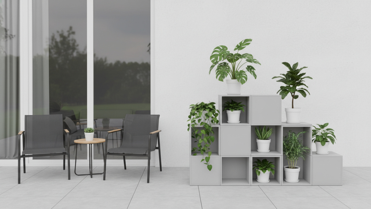 Rak modular bertingkat untuk pot tanaman hias di teras rumah minimalis