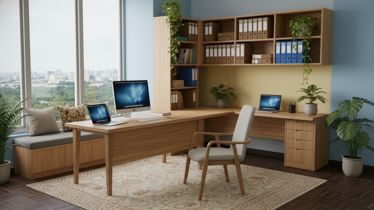 Contoh ruang kerja minimalis yang tertata rapi dengan furnitur sederhana untuk meningkatkan fokus kerja.