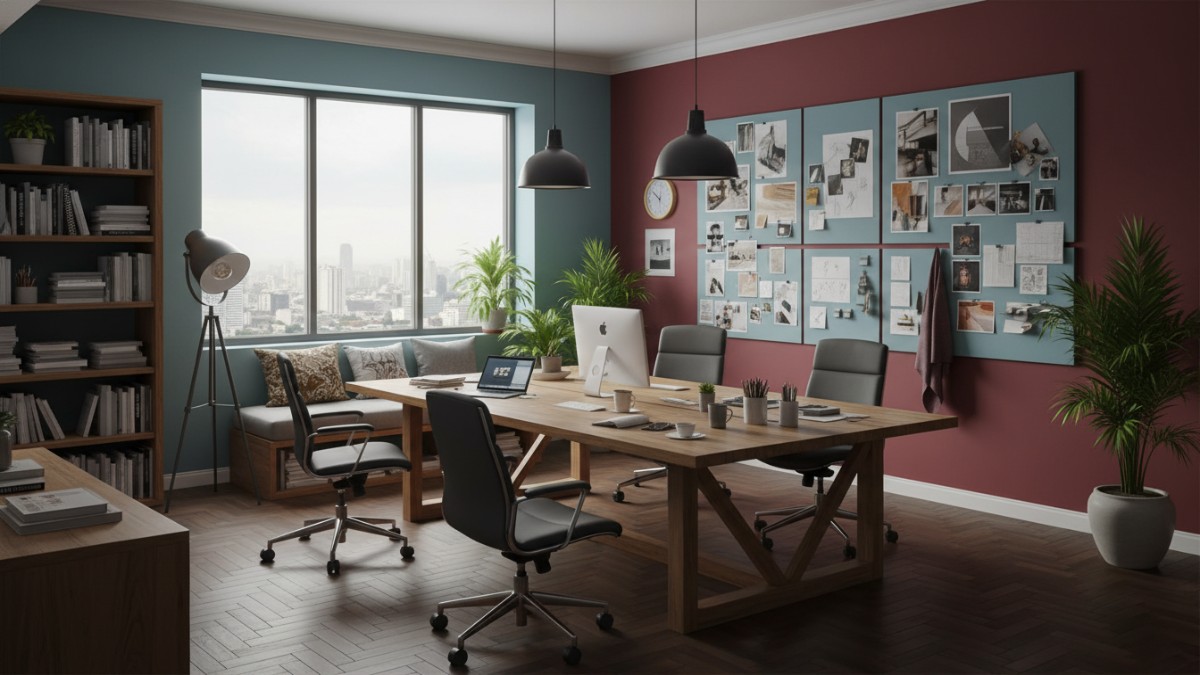 Enam model desain ruang kantor minimalis seperti linear workspace, corner office, dan studio office.