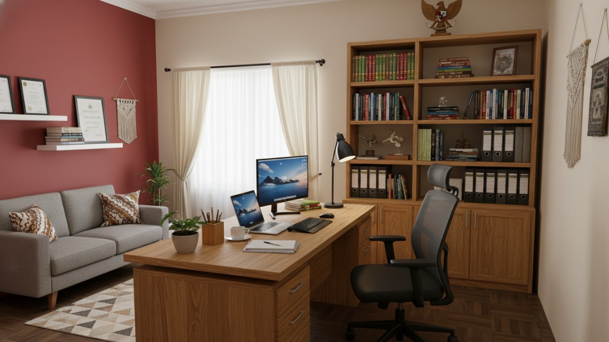 Ruang kantor minimalis modern dengan meja kerja sederhana, rak dinding, dan pencahayaan alami yang membuat area kerja terasa rapi dan nyaman.