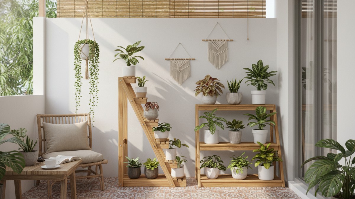 Rak pot tanaman hias model tangga kayu minimalis