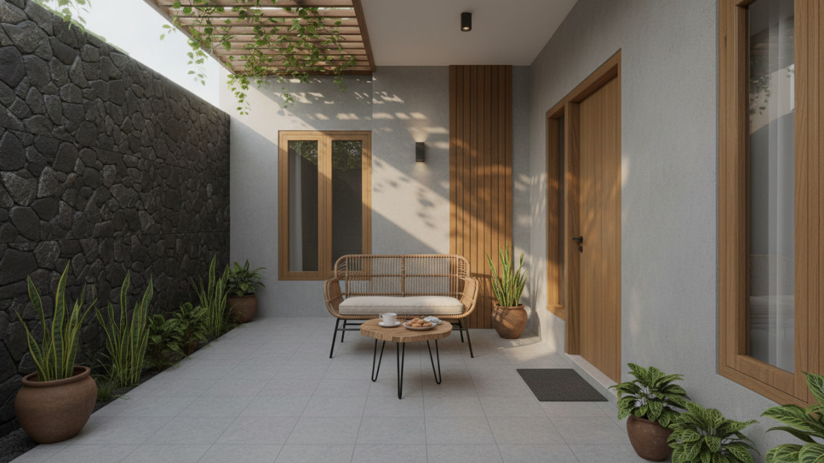 Teras rumah minimalis dengan batu alam dan kursi rotan menciptakan tampilan elegan pada hunian modern.