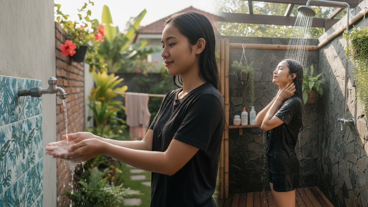 aktivitas menjaga kebersihan diri seperti mencuci tangan dan mandi setelah aktivitas luar rumah untuk menjaga kesehatan di iklim tropis.