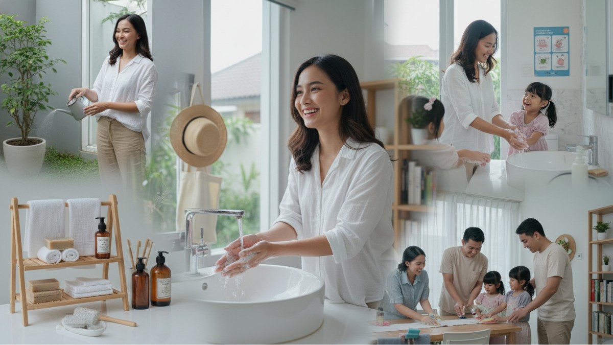 Kebiasaan sederhana menjaga kebersihan diri dalam aktivitas rumah tangga.