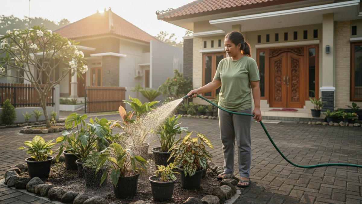 2 Aktivitas menyiram tanaman pada pagi hari untuk menjaga kelembapan tanah.