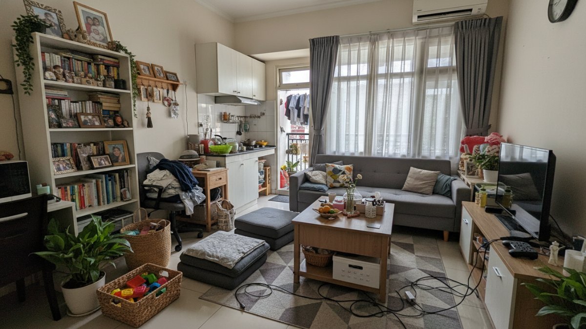 Contoh ruang keluarga rumah sederhana yang tampak berantakan akibat barang tidak tertata.