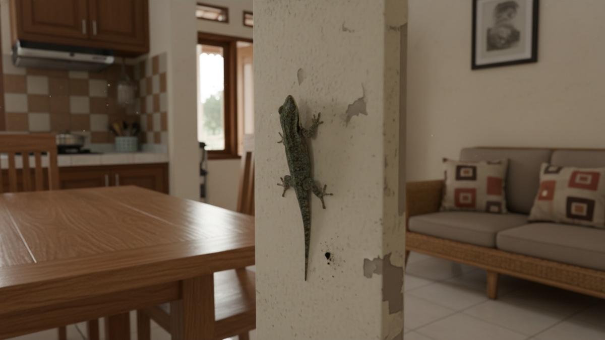 Cicak di dinding rumah dengan latar dapur