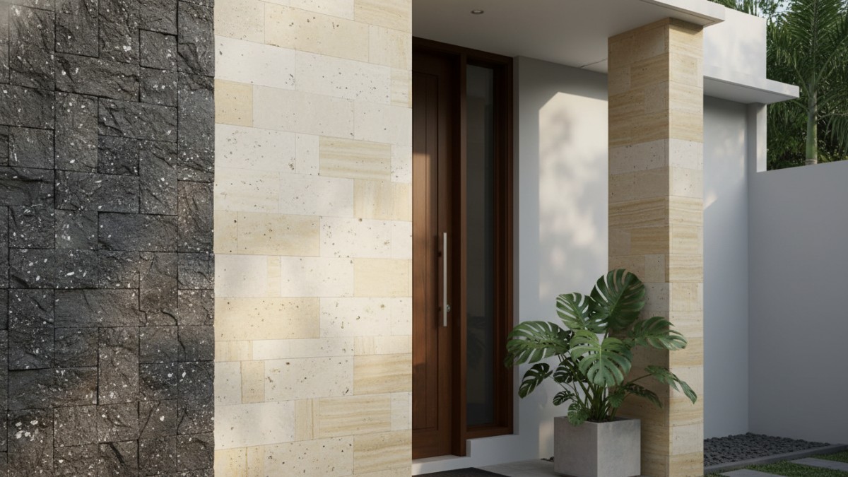 Desain fasad rumah modern dengan kombinasi batu alam, roster, dan panel kayu yang menciptakan tampilan elegan