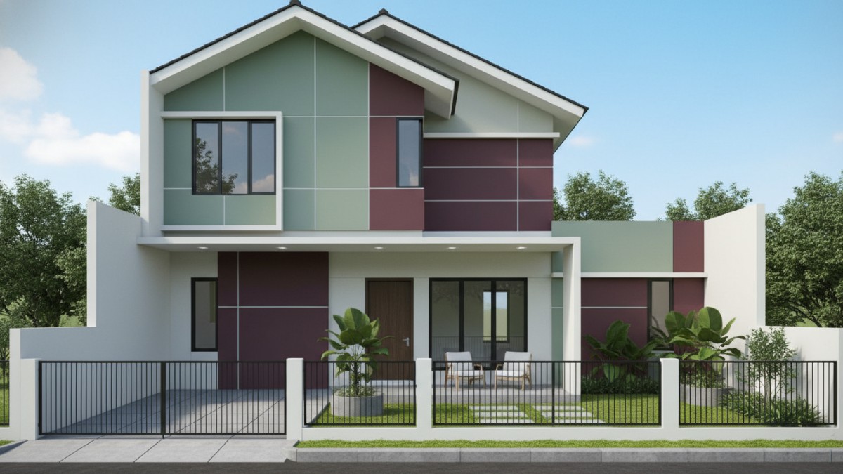 Desain fasad rumah minimalis dengan bentuk atap pelana modren elegan yang menjadi tren arsitektur rumah tropis 2026.