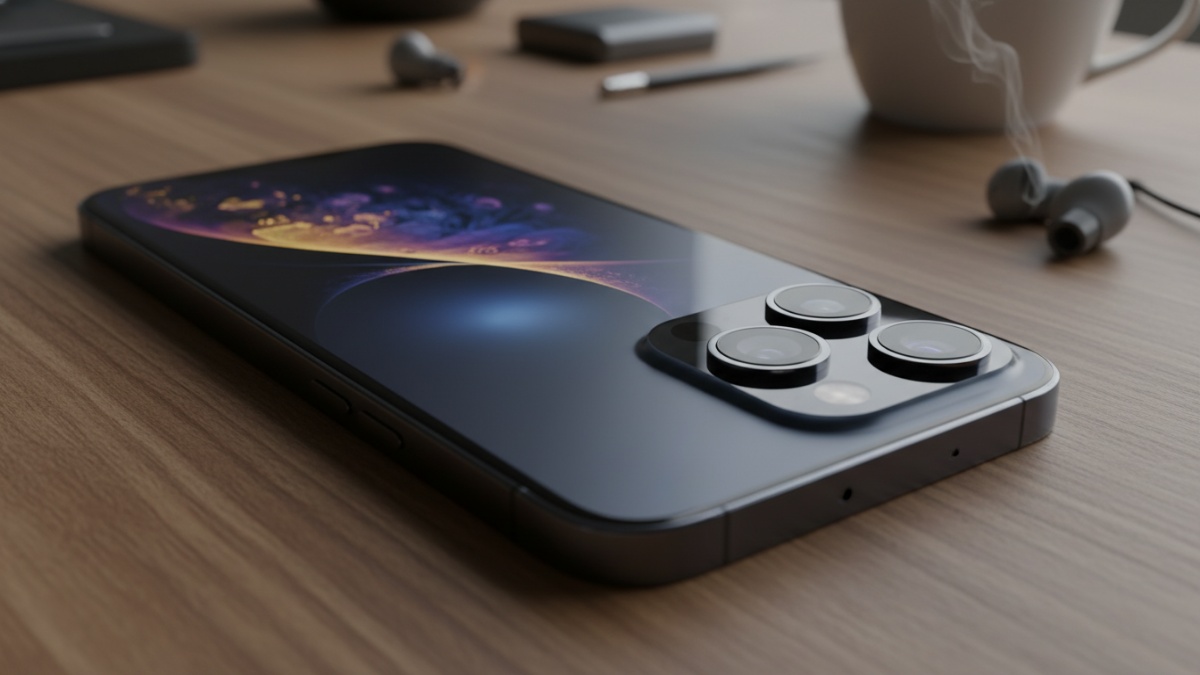 iPhone 18 Pro dengan desain premium dan layar cerah, highlight kamera canggih.