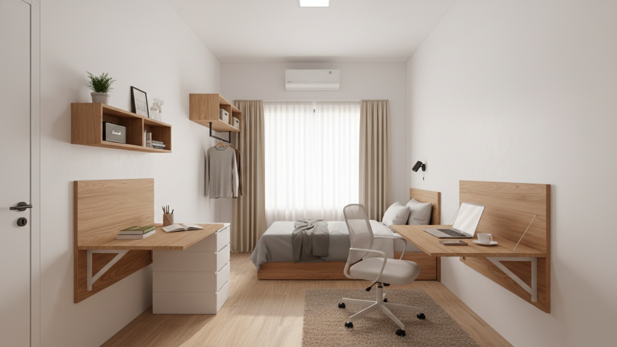 Kamar kos kecil dengan rak dinding dan dekorasi minimalis yang membuat ruang terlihat rapi dan fungsional.