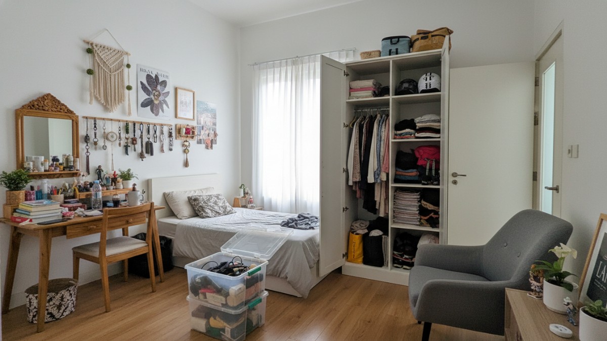 Contoh kamar kos yang terlalu penuh dekorasi dan furnitur besar