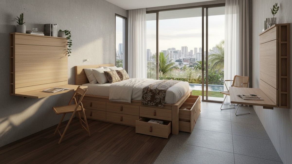 Ide furnitur multifungsi untuk kamar kos ukuran kecil.