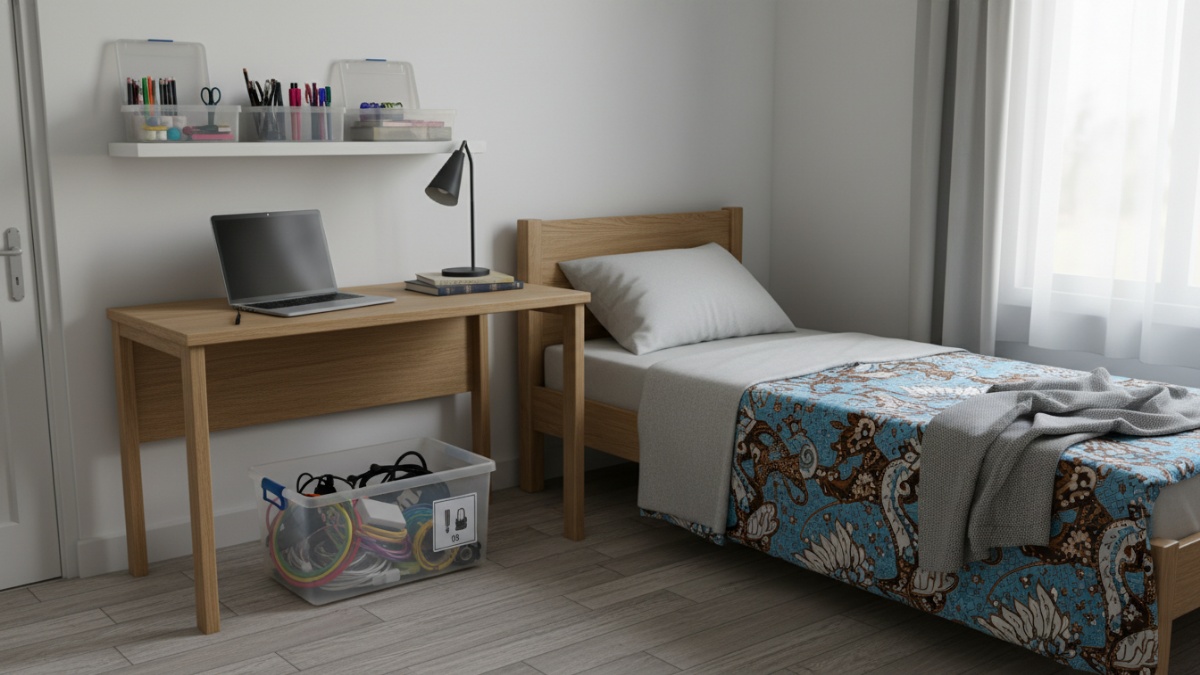 Contoh kamar kos rapi dengan sistem penyimpanan kotak transparan