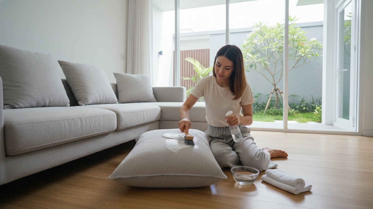 Ilustrasi membersihkan bantal sofa di ruang tamu dengan teknik pencucian kain yang aman. 