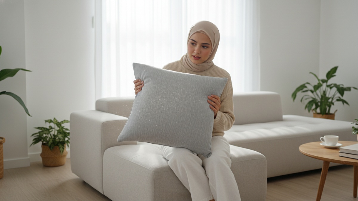 Bantal sofa yang terlihat bersih tetapi menyimpan debu di serat kain. 