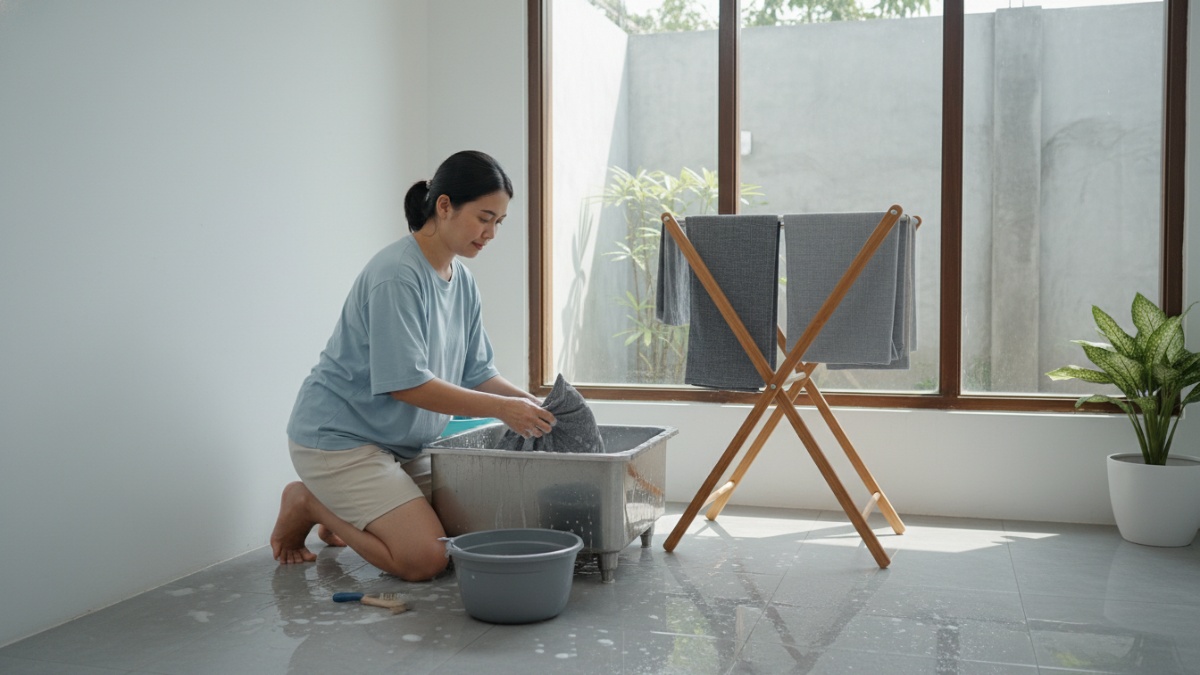Langkah mencuci sarung bantal sofa secara manual di rumah. 