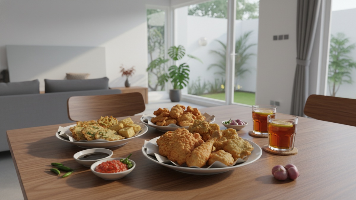 Proses deep frying ayam goreng dalam minyak panas dengan tekstur renyah.