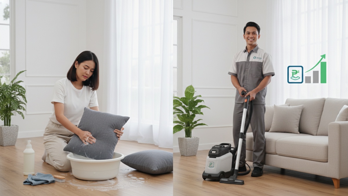 Perbandingan biaya mencuci bantal sofa sendiri dengan jasa pembersih sofa. 