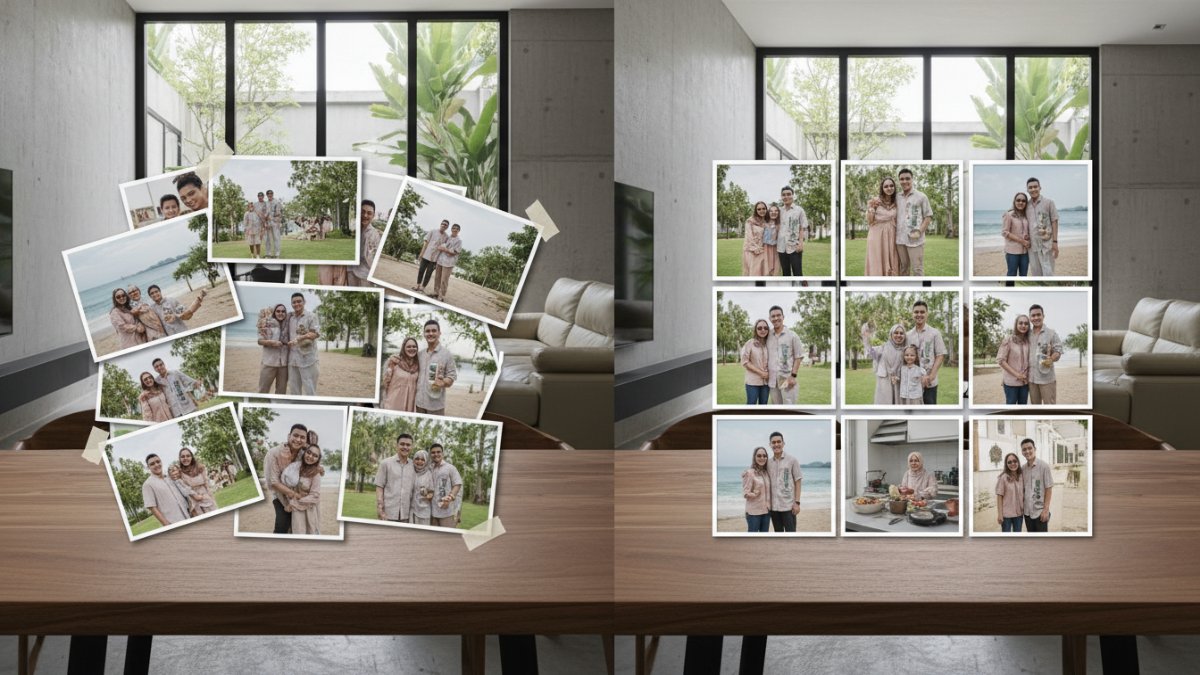 Perbandingan susunan foto acak dan susunan foto dengan pola desain. 