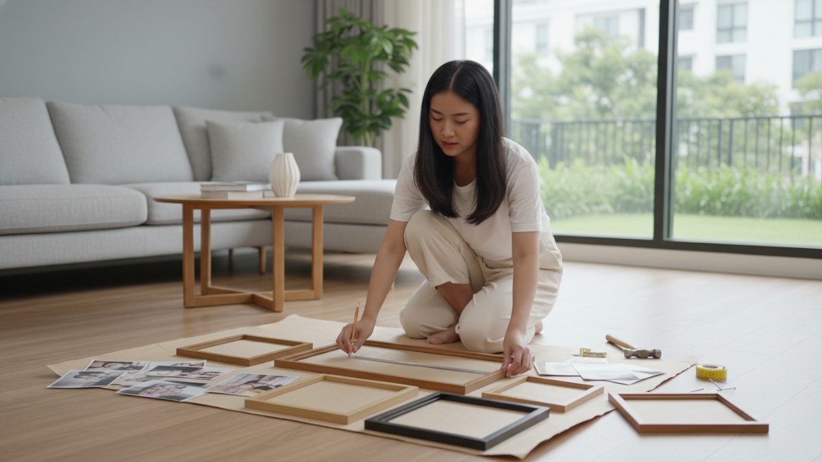 Langkah menyusun frame foto sebelum dipasang di dinding ruang tamu. 