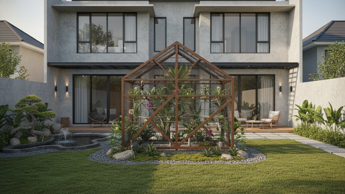 Desain kandang burung di halaman rumah yang rapi dengan taman kecil sebagai elemen dekorasi. 