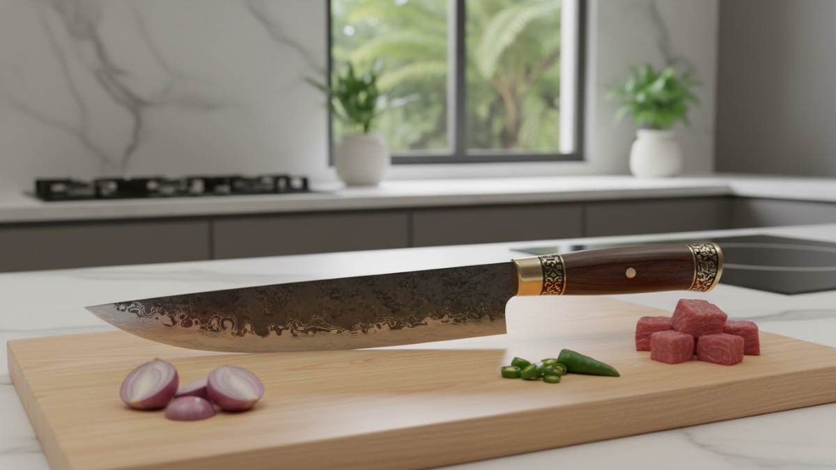 Chef knife digunakan memotong sayuran di dapur rumah tangga