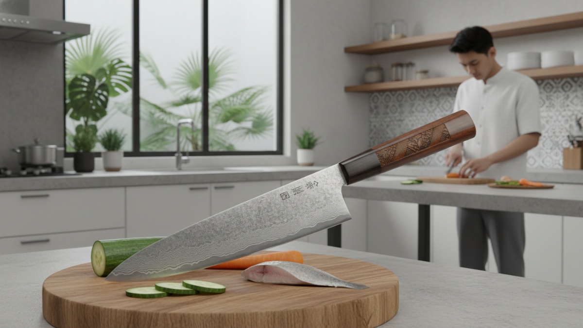 Santoku knife Pisau khas Jepang ini memiliki bilah lebih lebar dan ujung rata. Santoku sering digunakan untuk mengiris sayuran atau ikan.