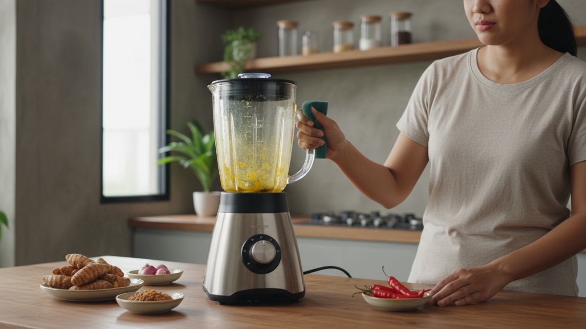 Wadah blender dapur dengan noda kunyit setelah digunakan menghaluskan bumbu masakan