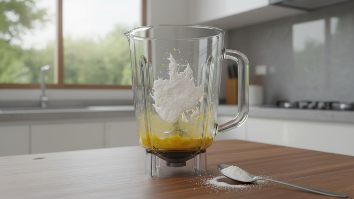 Proses membersihkan noda kunyit pada blender menggunakan baking soda